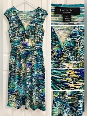 Teal Blue Green Printed V-Neck Women’s Dress size 12